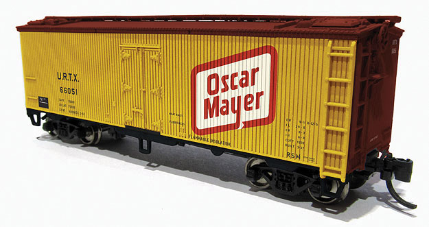 General American 37' Wood Meat Reefer 4-Pack - Ready to Run -- Oscar Mayer URTX #66051, 66053, 66059, 66075 (1940 Delivery, yellow, Large L
