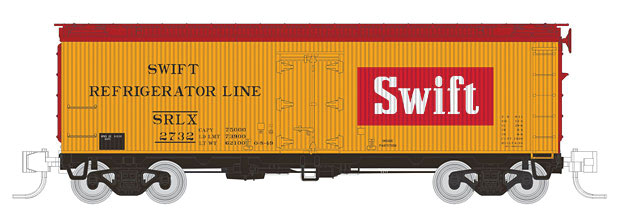 General American 37' Wood Meat Reefer 4-Pack - Ready to Run -- Swift SRLX #2532, 2638, 2732, 2796 (1947 Scheme, yellow, red, Large Logo)