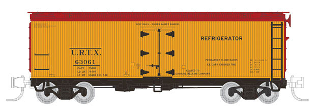 General American 37' Wood Meat Reefer 4-Pack - Ready to Run -- Union Refrigerator Transit URTX #63062, 63064, 63072, 63079 (1938, yellow)