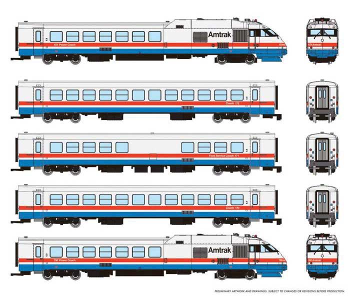 Rohr RTL Turboliner 5-Unit Set - Standard DC -- Amtrak Set #1 (Phase III Early, white, blue, red)
