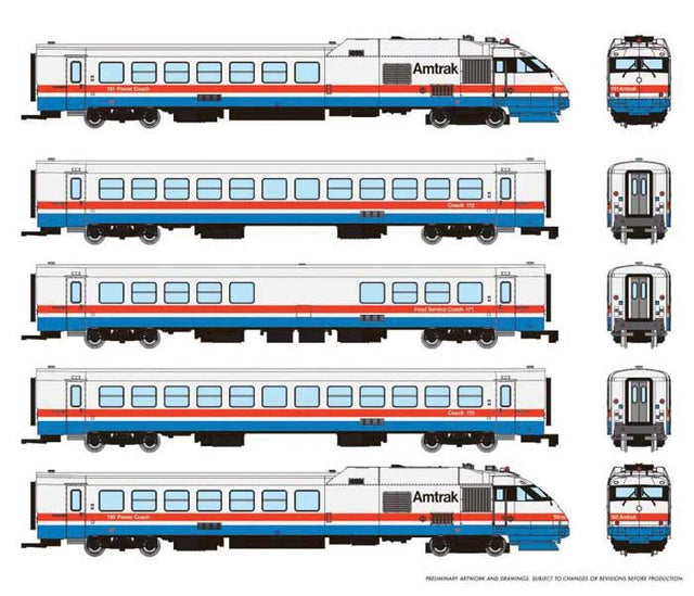 Rohr RTL Turboliner 5-Unit Set - Standard DC -- Amtrak Set #1 (Phase III Early, white, blue, red)