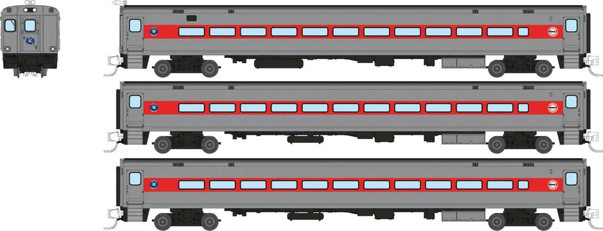 Comet Commuter Cab Car & 2 Coaches - Ready to Run -- Connecticut Department of Transportation CDOT Set #1 (Late, silver, red)