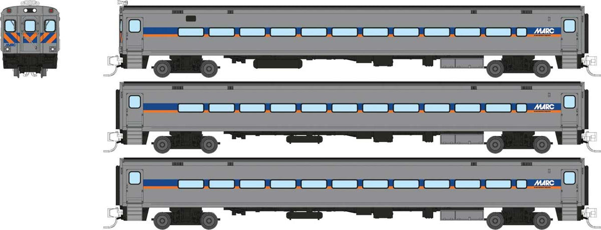 Comet Commuter Cab Car & 2 Coaches - Ready to Run -- Maryland Area Rail Commuter MARC Set #1 (silver, blue, orange)