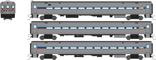 Comet Commuter Cab Car & 2 Coaches - Ready to Run -- Maryland Area Rail Commuter MARC Set #1 (silver, blue, orange)