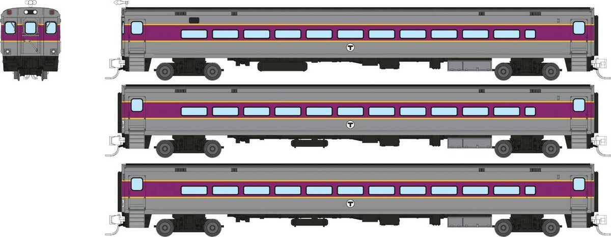 Comet Commuter Cab Car & 2 Coaches - Ready to Run -- Massachusetts Bay Transit Authority MBTA (Late Scheme, silver, purple, yello