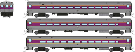 Comet Commuter Cab Car & 2 Coaches - Ready to Run -- Massachusetts Bay Transit Authority MBTA (Late Scheme, silver, purple, yello