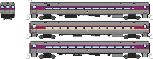Comet Commuter Cab Car & 2 Coaches - Ready to Run -- Massachusetts Bay Transit Authority MBTA (Late Scheme, silver, purple, yello