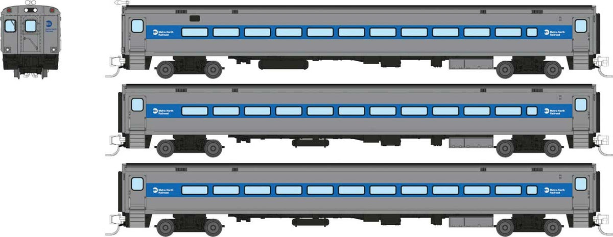 Comet Commuter Cab Car & 2 Coaches - Ready to Run -- Metro-North MNCR Set #1 (Late Scheme, silver, blue)