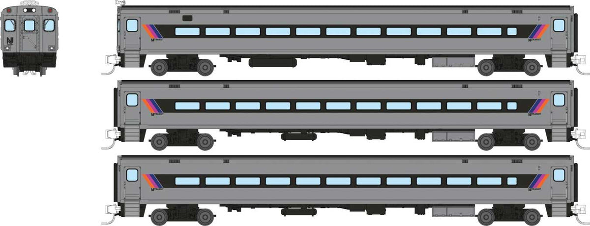 Comet Commuter Cab Car & 2 Coaches - Ready to Run -- NJ Transit Set #1 (silver, black)