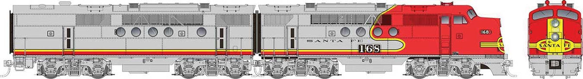 EMD FT A-B Set - Standard DC -- Santa Fe #168B, 168C (Warbonnet, silver, red, black, yellow)