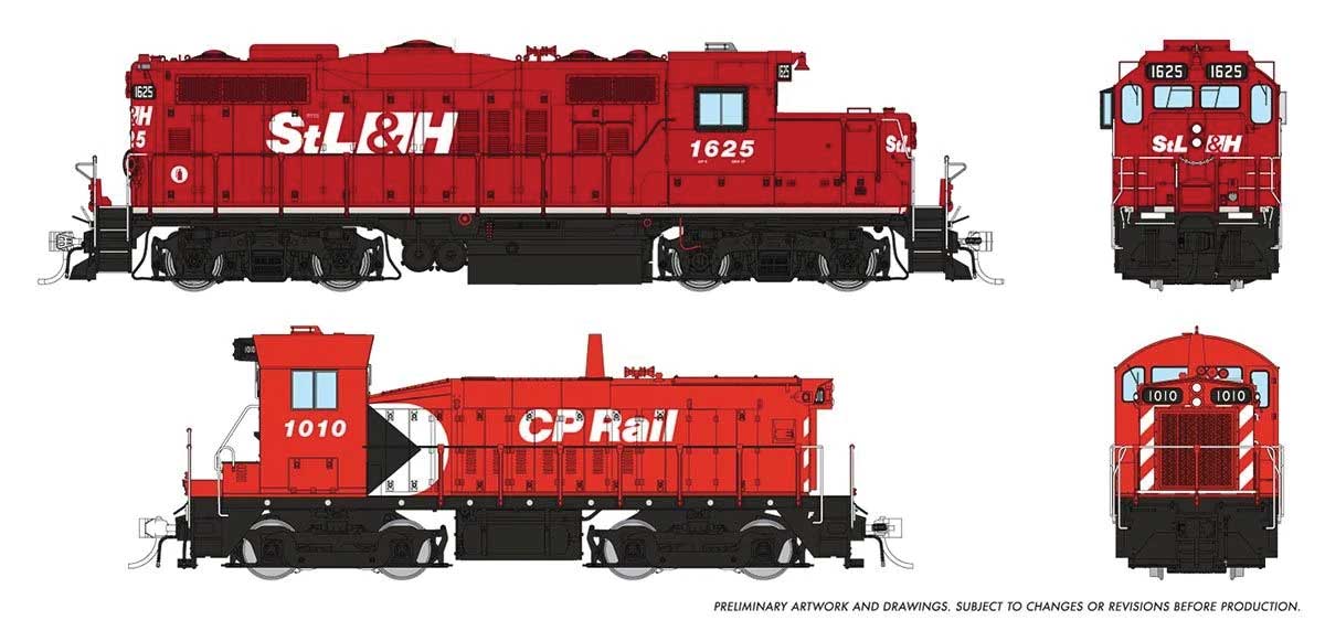 GP9u & SW Slug Set - Standard DC -- St. Lawrence & Hudson #1625, 1010 (red, white, black)