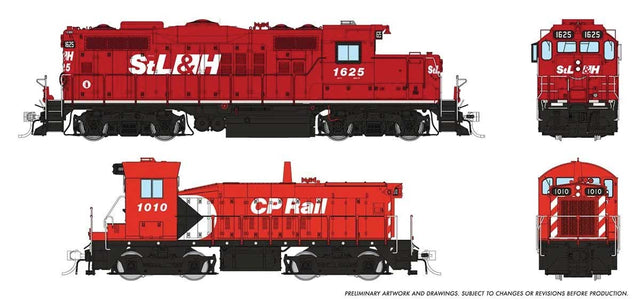GP9u & SW Slug Set - Standard DC -- St. Lawrence & Hudson #1625, 1010 (red, white, black)