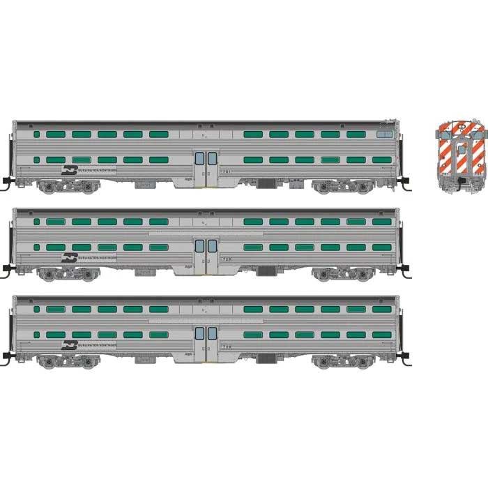 Budd Gallery Commuter 2 Coach & Cab Car Set - Ready to Run -- Burlington Northern #791, 728, 746 (stainless, black)