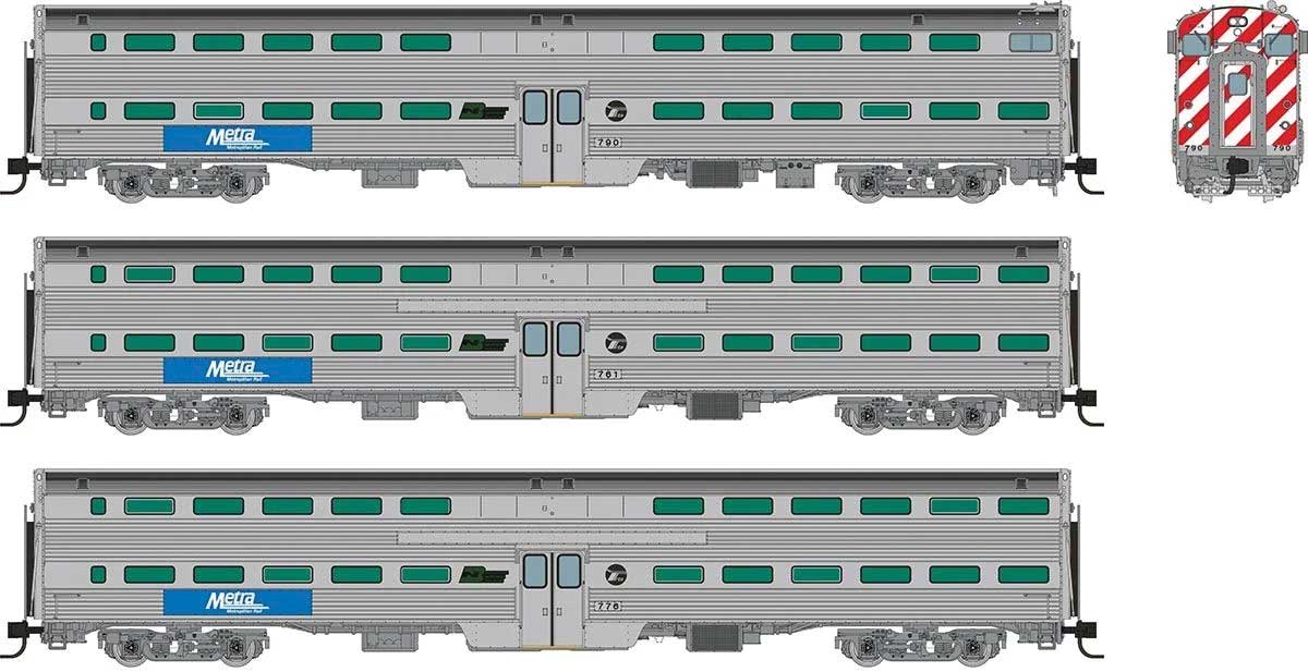 Budd Gallery Commuter 2 Coach & Cab Car Set - Ready to Run -- Metra #790, 761, 776 (stainless, blue, white, BN & RTA Logos)