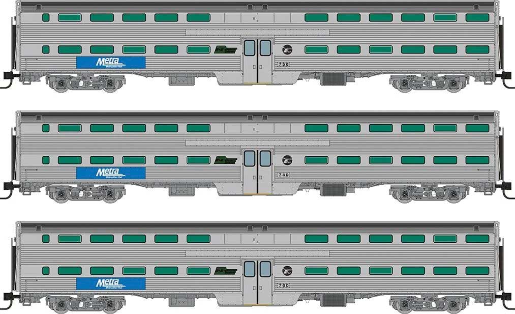 Budd Gallery Commuter Coach 3-Pack - Ready to Run -- Metra #749, 756, 760 (stainless, blue, white, BN & RTA Logos)