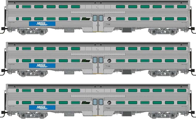 Budd Gallery Commuter Coach 3-Pack - Ready to Run -- Metra #749, 756, 760 (stainless, blue, white, BN & RTA Logos)