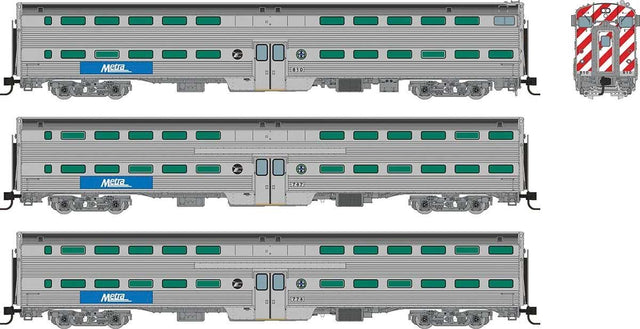 Budd Gallery Commuter 2 Coach & Cab Car Set - Ready to Run -- Metra #810, 747, 774 (stainless, blue, white, BNSF Circle & RTA Logos)