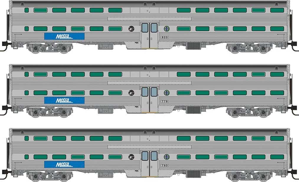 Budd Gallery Commuter Coach 3-Pack - Ready to Run -- Metra #763, 778, 820 (stainless, blue, white, BNSF Circle & RTA Logos)