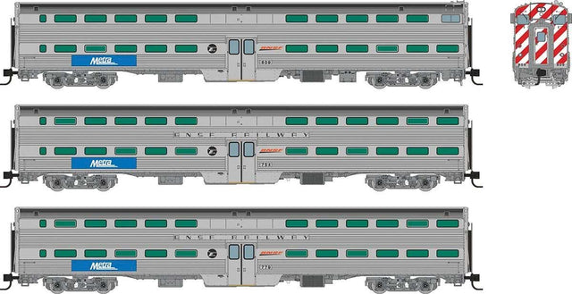 Budd Gallery Commuter 2 Coach & Cab Car Set - Ready to Run -- Metra #809, 754, 779 (stainless, blue, white, BNSF Wedge & RTA Logos)