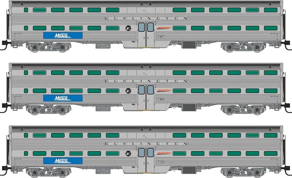 Budd Gallery Commuter Coach 3-Pack - Ready to Run -- Metra #762, 767, 773 (stainless, blue, white, BNSF Wedge & RTA, CB&Q)