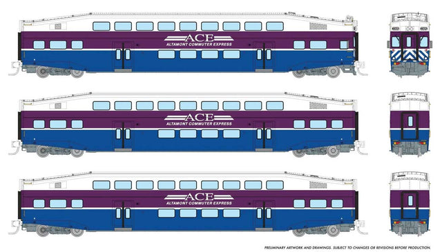 Bilevel Commuter Cab Car & 2 Coach Set - Ready to Run -- Altamont Commuter Express Set #1 #3305, 3212, 3216 (white, purple, blue)