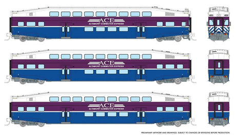 Bilevel Commuter Cab Car & 2 Coach Set - Ready to Run -- Altamont Commuter Express Set #2 #3308, 3215, 3219 (white, purple, blue)