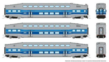 Bilevel Commuter Cab Car & 2 Coach Set - Ready to Run -- AMT Montreal Set #1 #2001, 2024, 2031 (blue, gray)