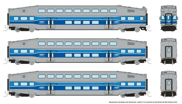 Bilevel Commuter Cab Car & 2 Coach Set - Ready to Run -- AMT Montreal Set #1 #2001, 2024, 2031 (blue, gray)
