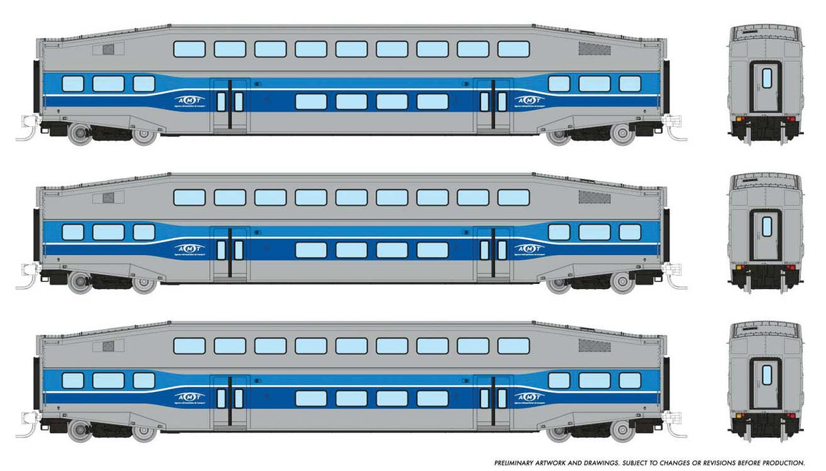 Bilevel Commuter Coach 3-Pack - Ready to Run -- AMT Montreal #2020, 2028, 2033 (blue, gray)