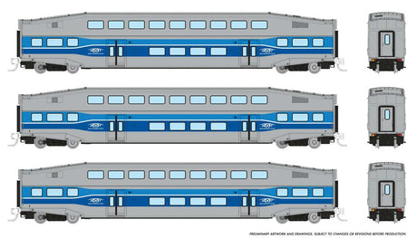 Bilevel Commuter Coach 3-Pack - Ready to Run -- AMT Montreal #2020, 2028, 2033 (blue, gray)