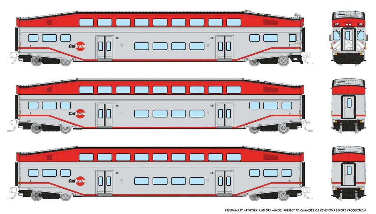 Bilevel Commuter Cab Car & 2 Coach Set - Ready to Run -- CalTrain Set #1 #119, 231, 234 (silver, red)