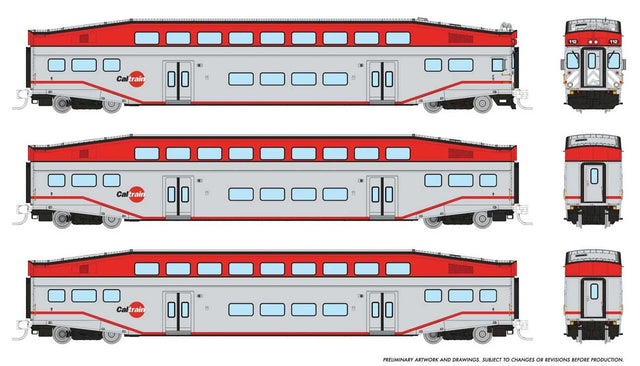 Bilevel Commuter Cab Car & 2 Coach Set - Ready to Run -- CalTrain Set #1 #119, 231, 234 (silver, red)