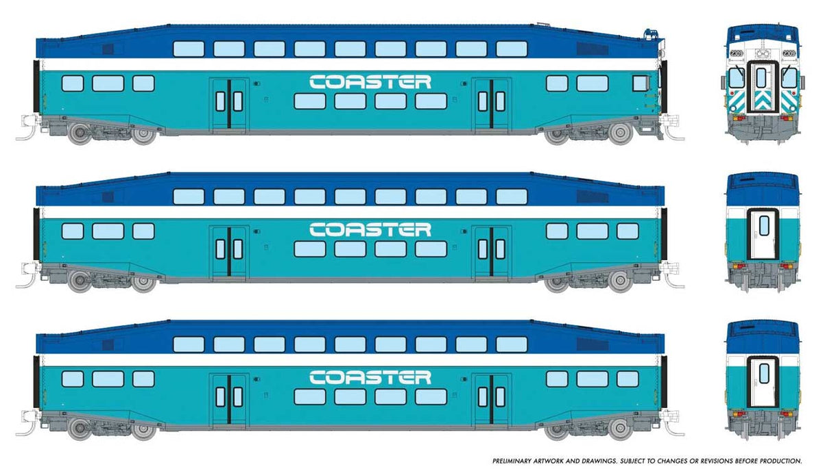 Bilevel Commuter Cab Car & 2 Coach Set - Ready to Run -- Coaster Set #1 #2309, 2501, 2504 (Early Scheme, blue, teal, white)