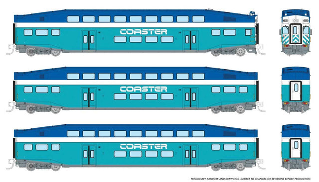 Bilevel Commuter Cab Car & 2 Coach Set - Ready to Run -- Coaster Set #1 #2309, 2501, 2504 (Early Scheme, blue, teal, white)