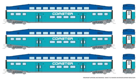 Bilevel Commuter Coach 3-Pack - Ready to Run -- Coaster Set #2401, 2403, 2406 (Early Scheme, blue, teal, white)