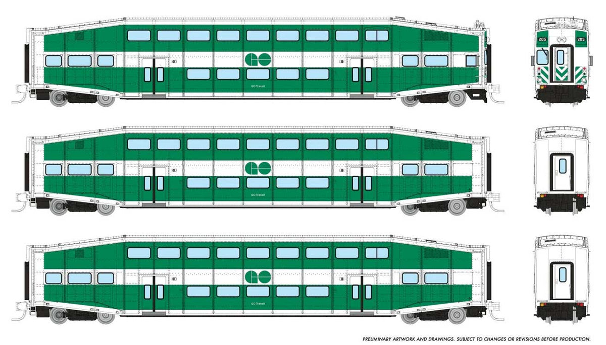 Bilevel Commuter Cab Car & 2 Coach Set - Ready to Run -- GO Transit Set #2 #213, 2211, 2240 (green, white)