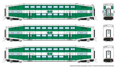 Bilevel Commuter Cab Car & 2 Coach Set - Ready to Run -- GO Transit Set #2 #213, 2211, 2240 (green, white)