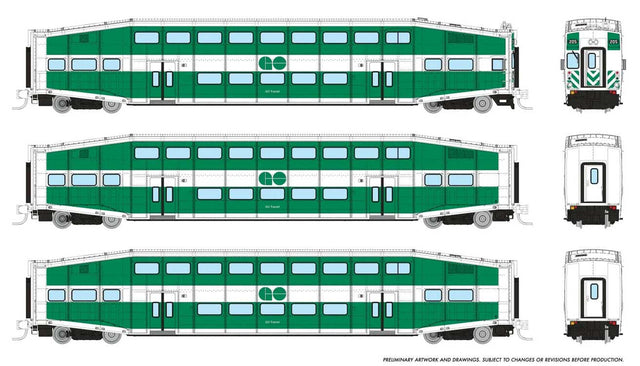 Bilevel Commuter Cab Car & 2 Coach Set - Ready to Run -- GO Transit Set #2 #213, 2211, 2240 (green, white)