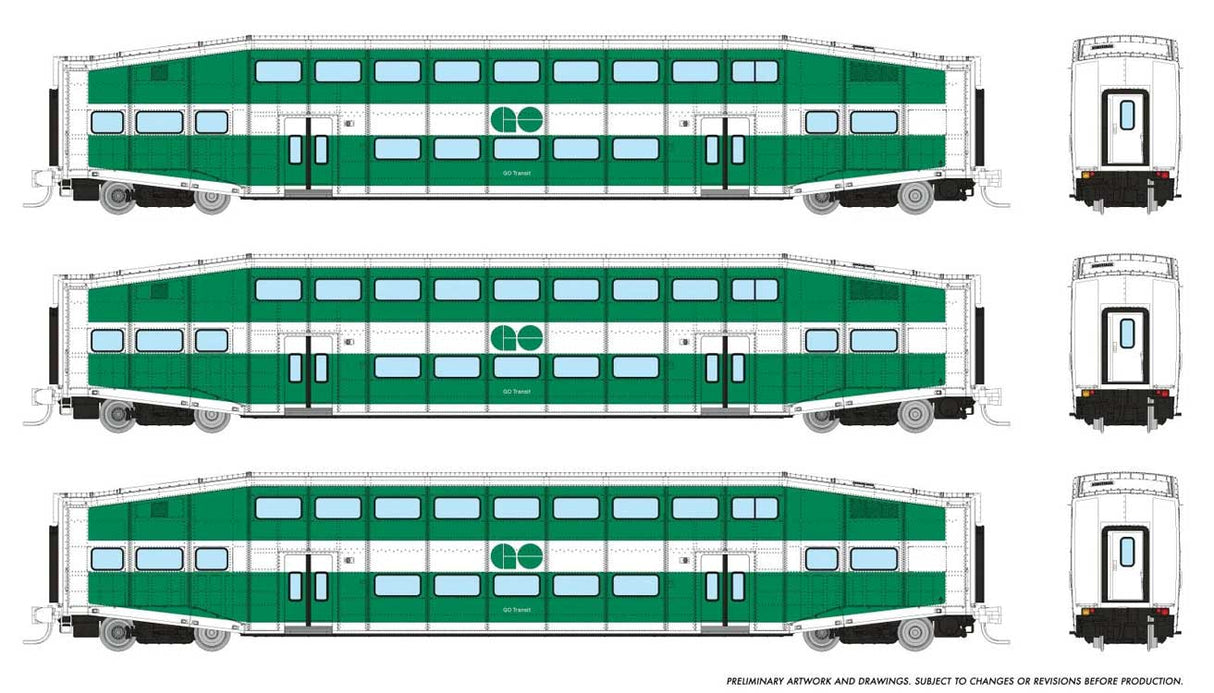 Bilevel Commuter Coach 3-Pack - Ready to Run -- GO Transit #2310, 2325, 2341 (green, white)