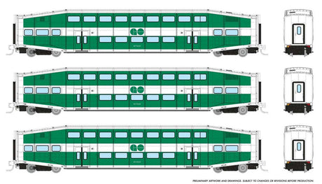 Bilevel Commuter Coach 3-Pack - Ready to Run -- GO Transit #2310, 2325, 2341 (green, white)