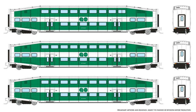 Bilevel Commuter Coach 3-Pack - Ready to Run -- GO Transit #2310, 2325, 2341 (green, white)