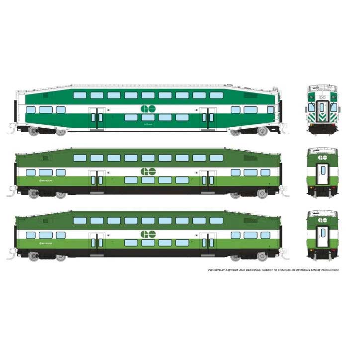 Bilevel Commuter Cab Car & 2 Coach Set - Ready to Run -- GO/Metrolinx Set #1 #255, 2808, 2844 (green, white)
