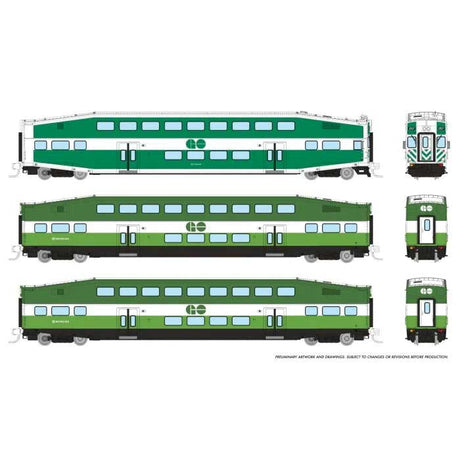 Bilevel Commuter Cab Car & 2 Coach Set - Ready to Run -- GO/Metrolinx Set #1 #255, 2808, 2844 (green, white)