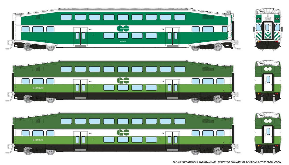 Bilevel Commuter Cab Car & 2 Coach Set - Ready to Run -- GO/Metrolinx Set #2 #257, 2838, 2857 (green, white)