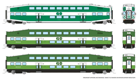 Bilevel Commuter Cab Car & 2 Coach Set - Ready to Run -- GO/Metrolinx Set #2 #257, 2838, 2857 (green, white)
