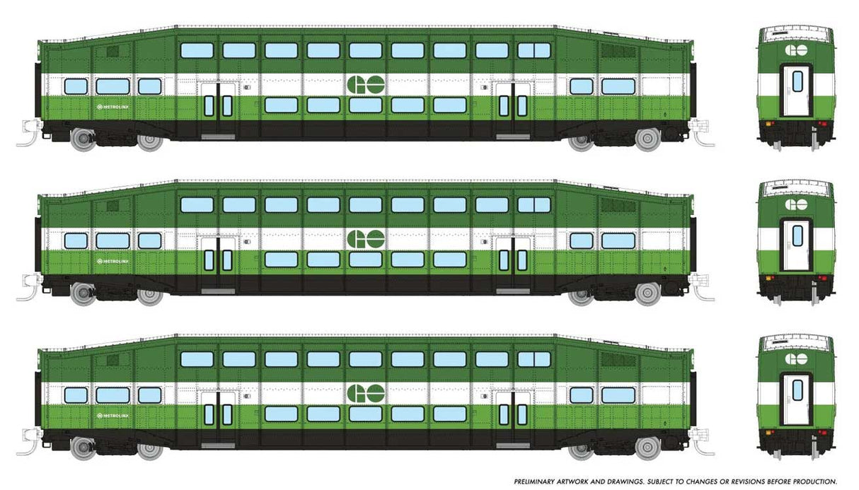 Bilevel Commuter Coach 3-Pack - Ready to Run -- GO/Metrolinx #2002, 2065, 2079 (green, white)