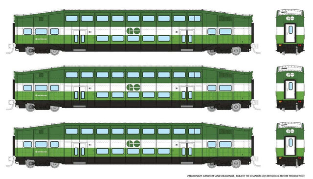 Bilevel Commuter Coach 3-Pack - Ready to Run -- GO/Metrolinx #2002, 2065, 2079 (green, white)