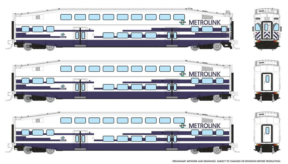 Bilevel Commuter Cab Car & 2 Coach Set - Ready to Run -- Metrolink Set #1 #632, 188, 203 (As Delivered, white, blue)