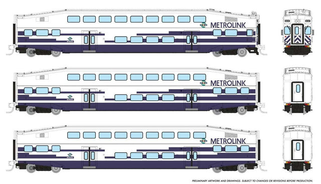 Bilevel Commuter Cab Car & 2 Coach Set - Ready to Run -- Metrolink Set #1 #632, 188, 203 (As Delivered, white, blue)