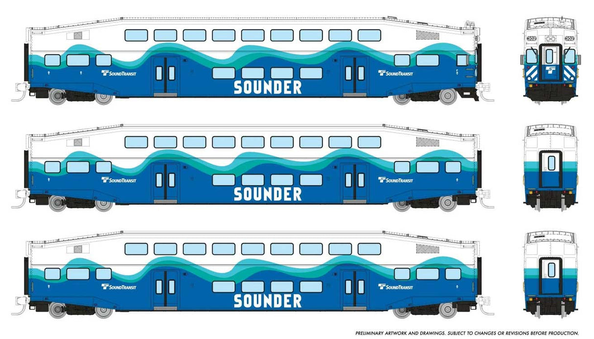 Bilevel Commuter Cab Car & 2 Coach Set - Ready to Run -- Sounder Set #1 #302, 404, 410 (white, blue, green)
